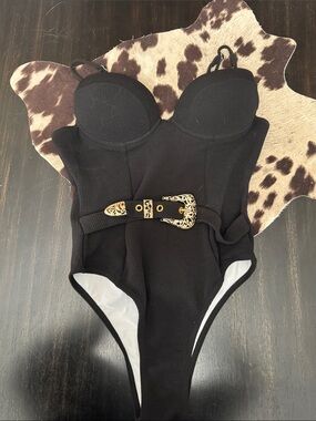 Black One-Piece Swimsuit with Decorative Gold Belt with Buckle